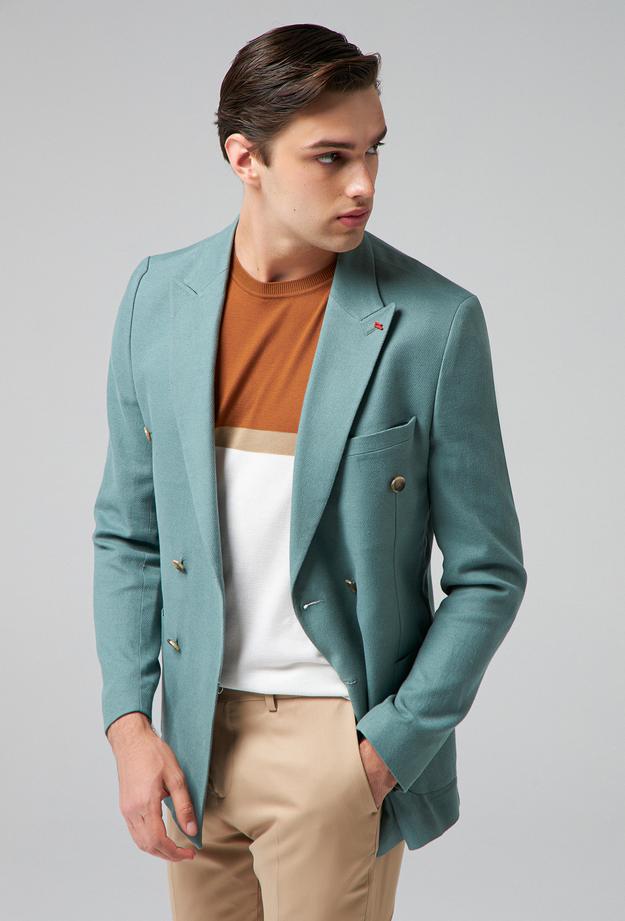 Twn Slim Fit Yeşil Armürlü Kruvaze Kumaş Ceket