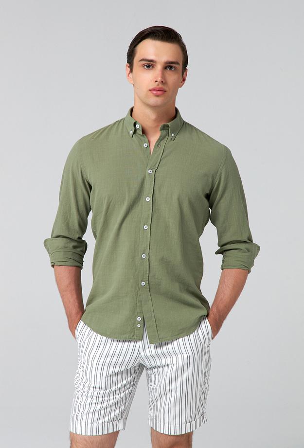Ds Damat Slim Fit Yeşil Keten Görünümlü Gömlek