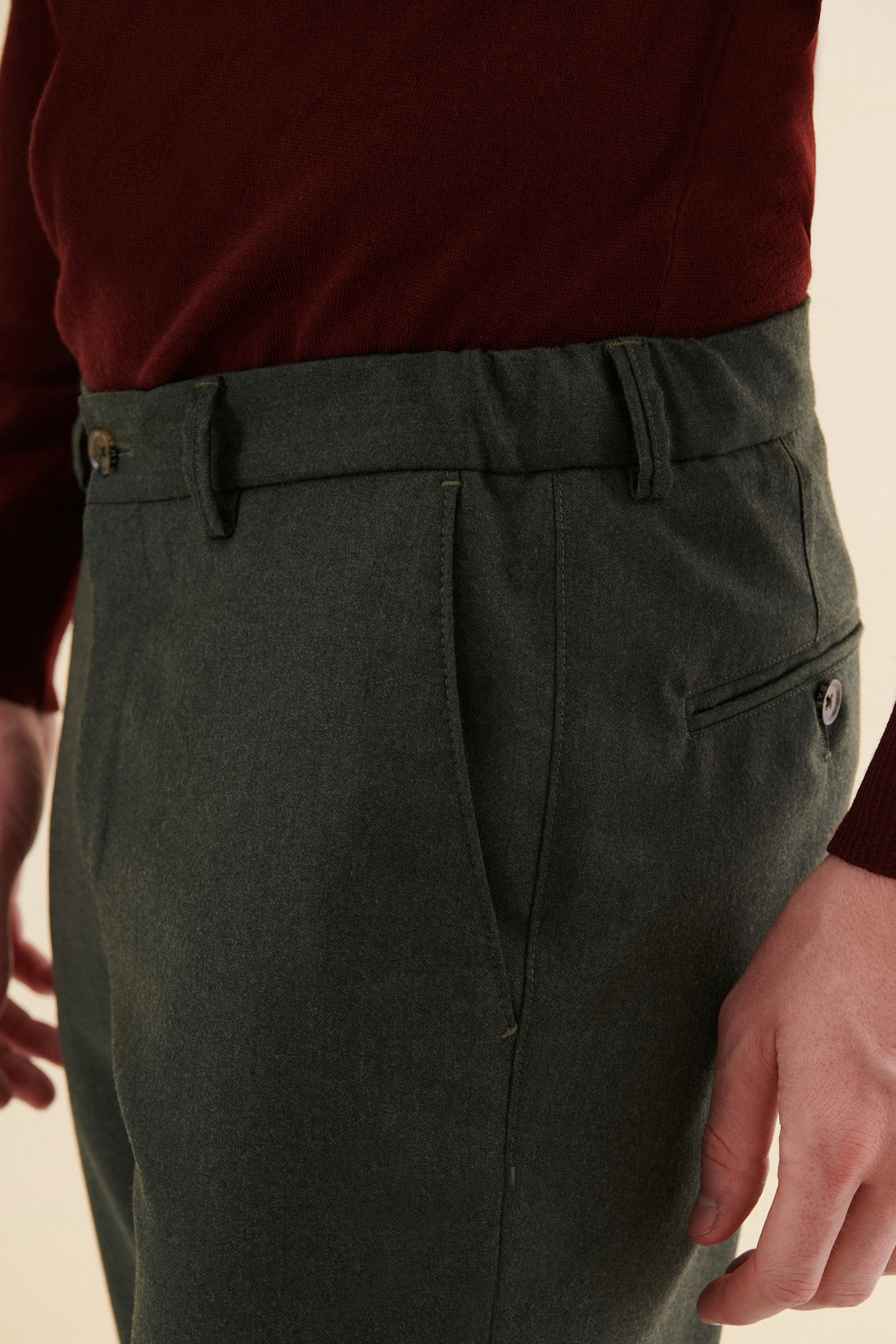 Damat Tween Damat Slim Fit Haki Düz %100 Yün Chino Pantolon. 5