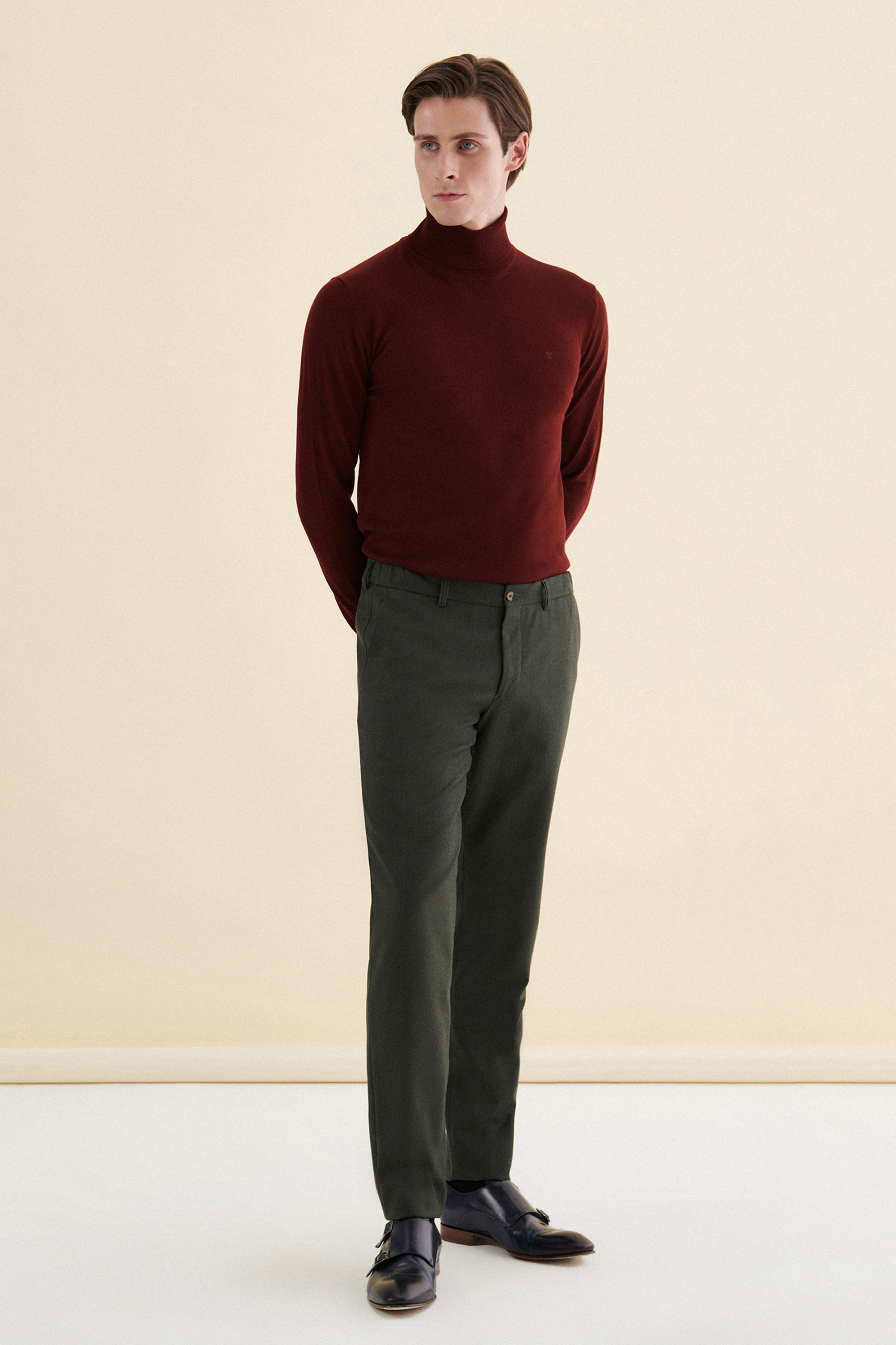 Damat Tween Damat Slim Fit Haki Düz %100 Yün Chino Pantolon. 1