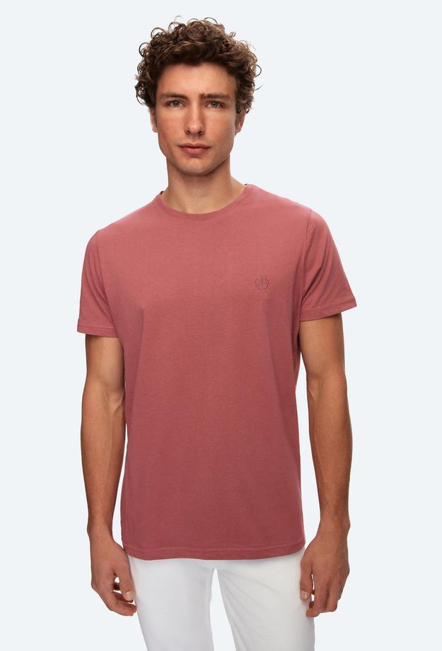 Ds Damat Regular Fit Gül Kurusu Düz Örgü Nakışlı %100 Pamuk T-Shirt