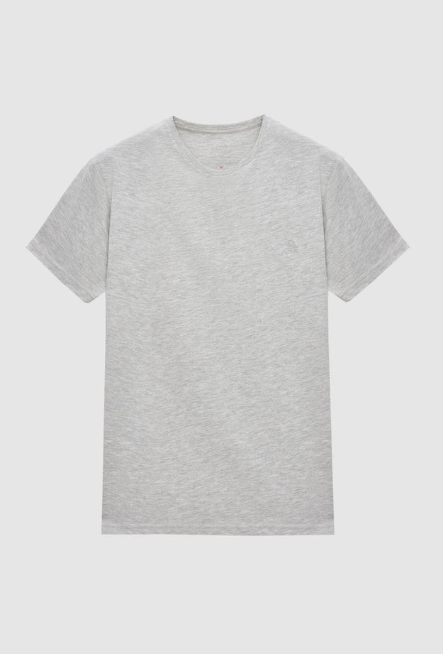 Ds Damat Regular Fit Gri Düz Örgü Nakışlı %100 Pamuk T-Shirt