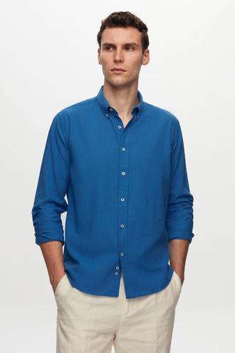 Ds Damat Slim Fit Saks Mavi Keten Görünümlü Gömlek - 8683578000508 | D'S Damat