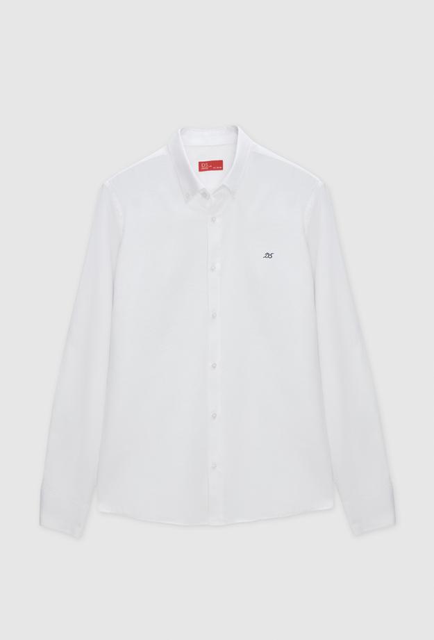 Ds Damat Slim Fit Beyaz Oxford Nakışlı Gömlek